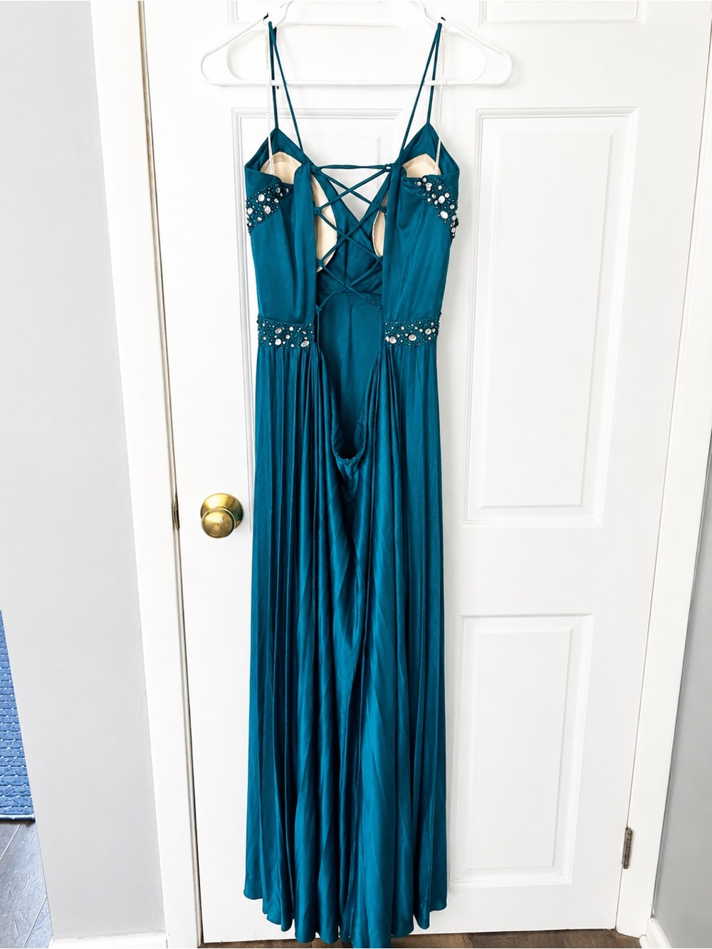 Masquerade Teal Pleated Evening Gown with Beaded Crisscross Waist Y2K vintage - Picture 2 of 6